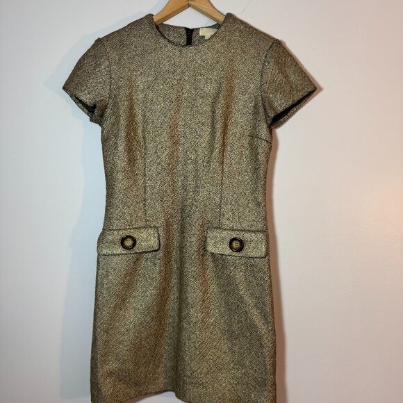Michael Kors Womens Sheath tweed Dress Tan Metallic Pockets Short Sleeve - Sz 4 - Picture 1 of 9